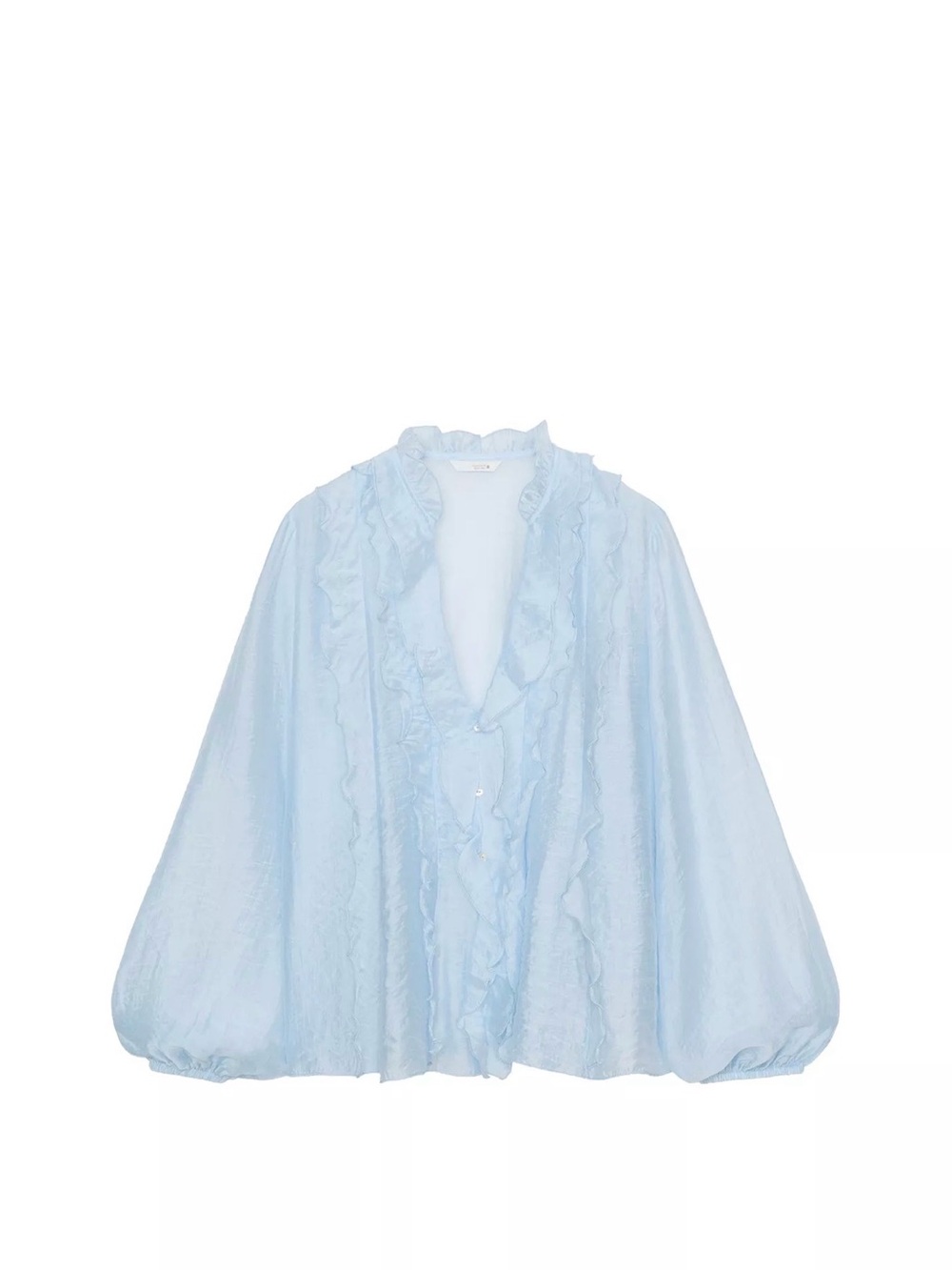 Zara Light Blue Ruffle Balloon-Sleeve Blouse